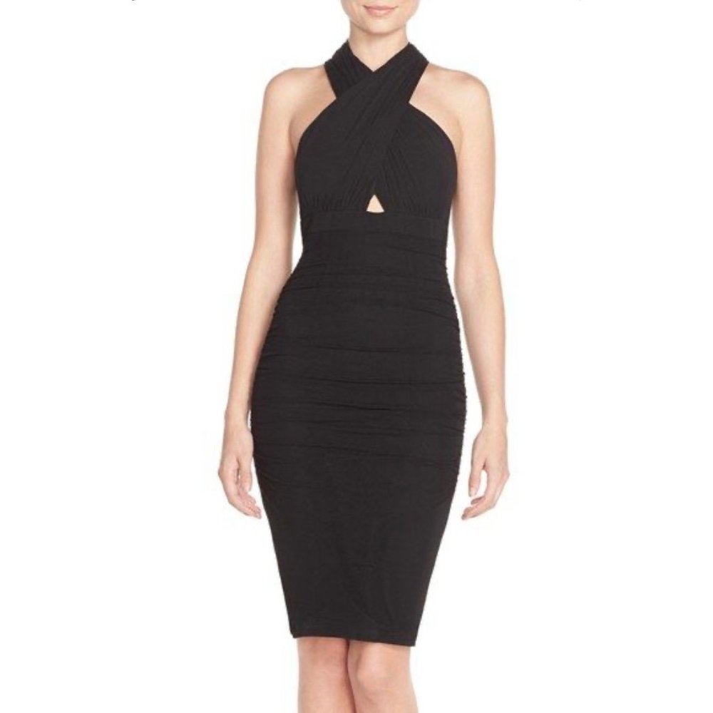BARDOT Allure Crossover Mesh Cutout Sleeveless Sheath Dress Black LBD Size 6